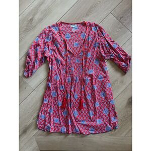 NAUDIC‎ Red Blue Boho Print Tassel V Neck Tunic Summer Beach Top